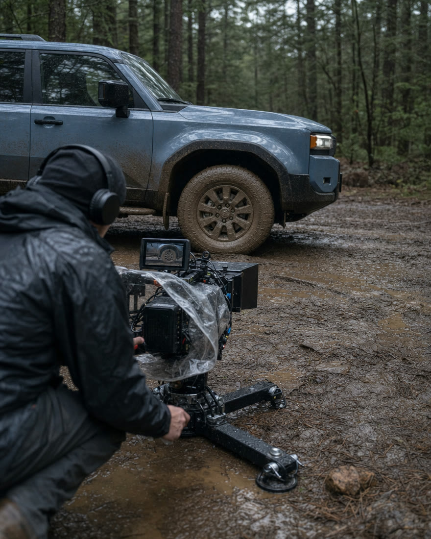 Cámara con funda de lluvia en un soporte bajo sobre el barro, apuntando a la rueda delantera del Land Cruiser