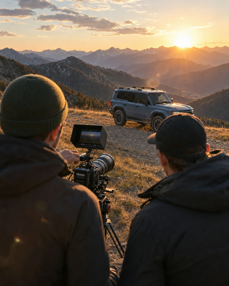 Cámara y monitor en una cresta de montaña al atardecer, con el Land Cruiser al fondo