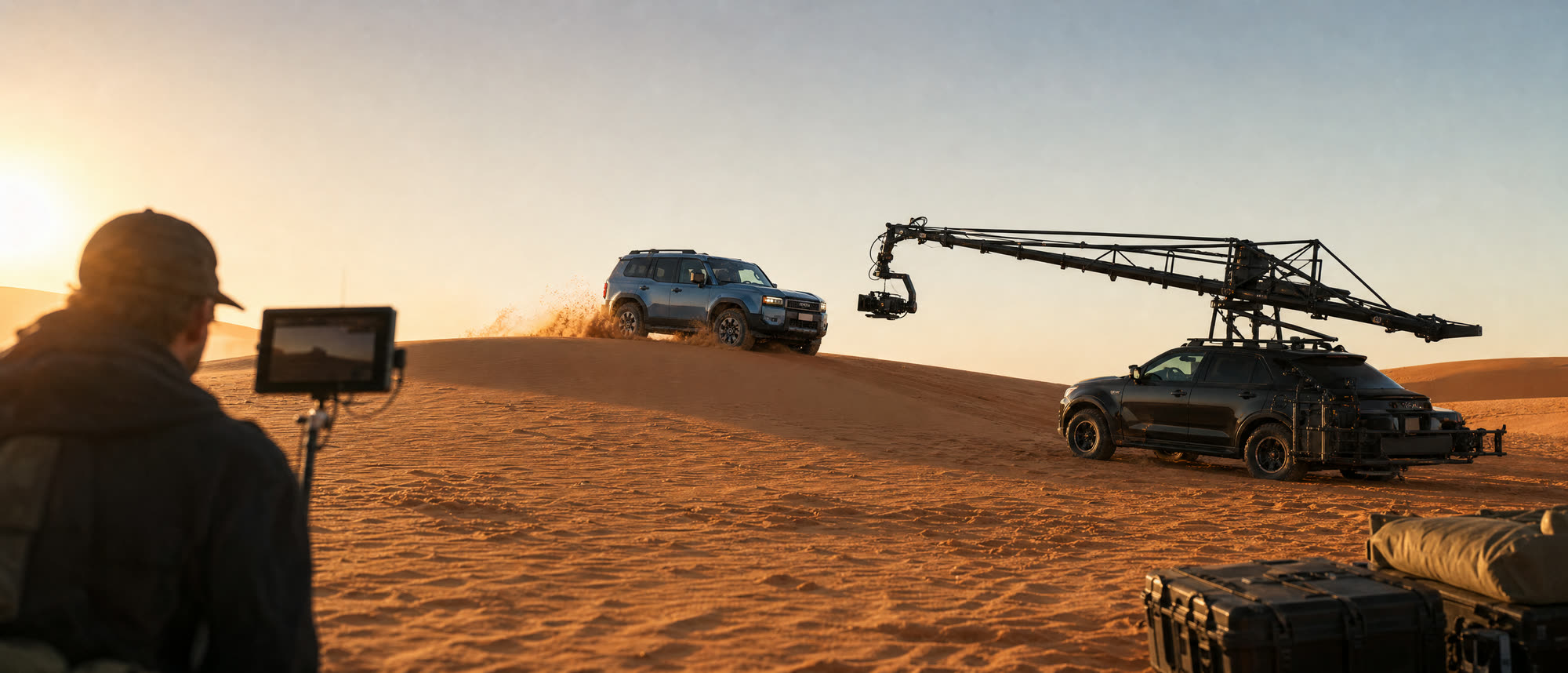Coche de cámara con brazo grúa siguiendo al Land Cruiser por una duna al atardecer