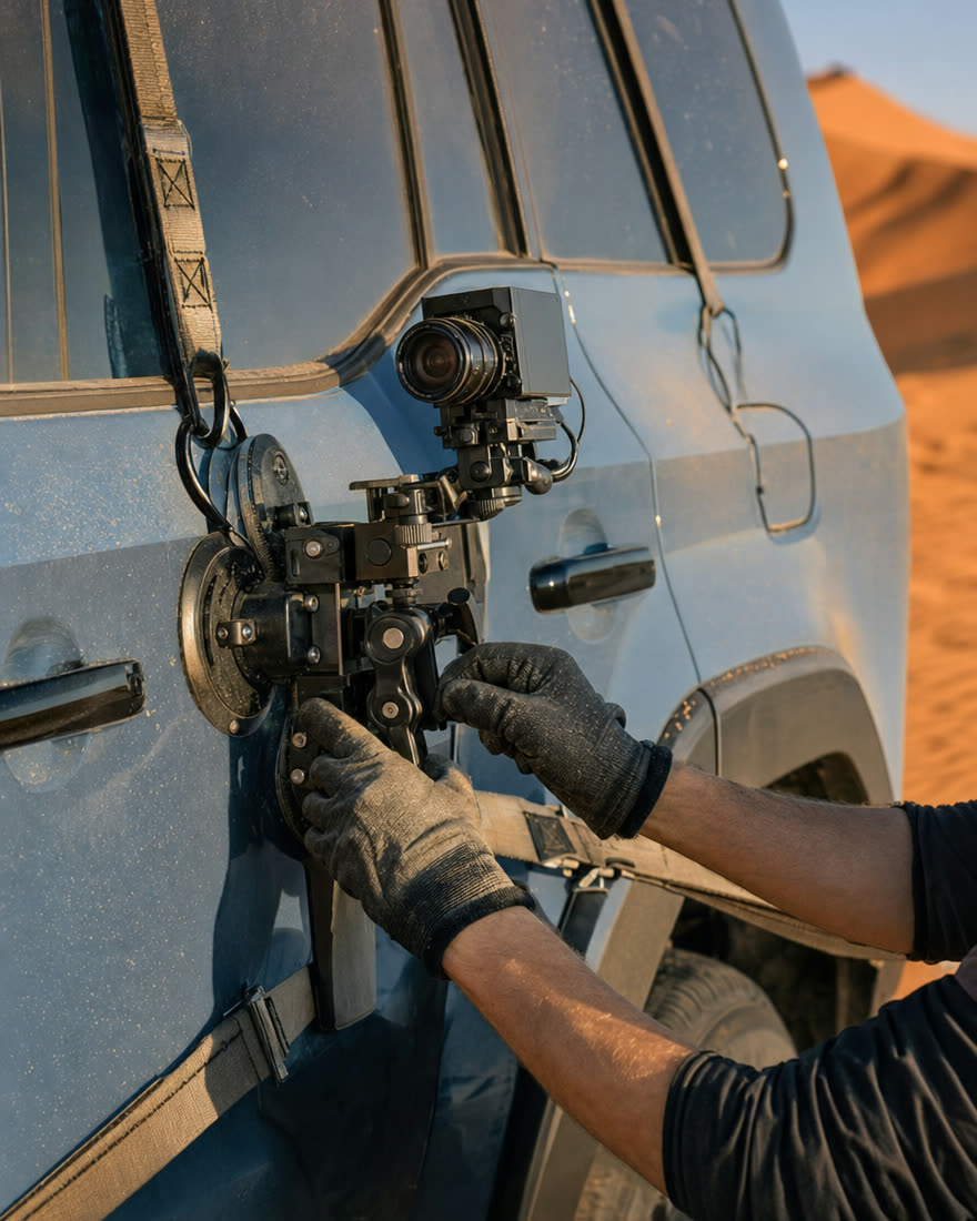 Montaje de ventosa con una cámara en la puerta del Land Cruiser, en el desierto