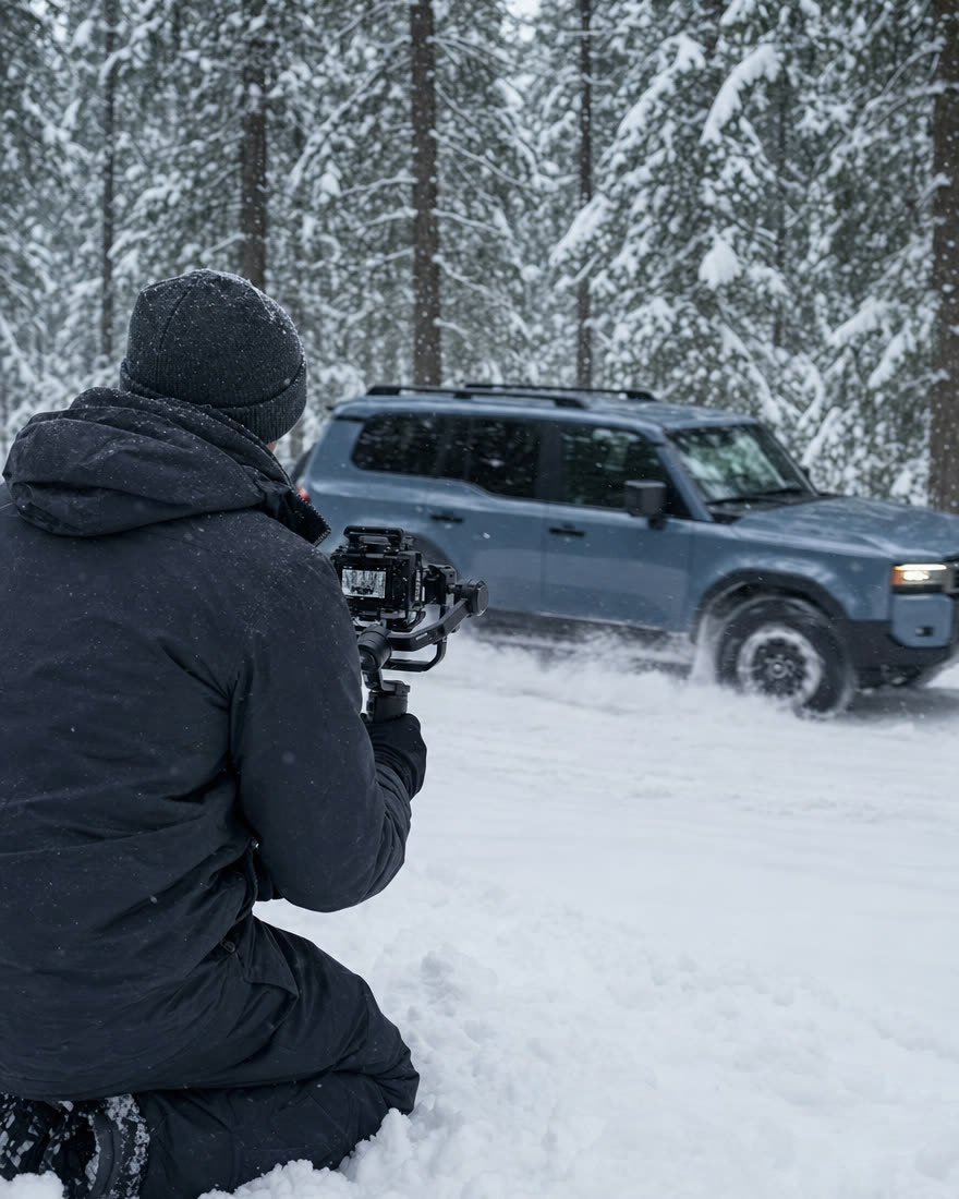 Operador de cámara arrodillado en la nieve mientras pasa el Land Cruiser